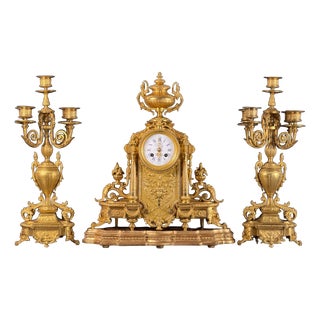 French Napoleon III Gilt Bronze Clock Garniture with Japy Frères Movement, France, Set of 3 For Sale