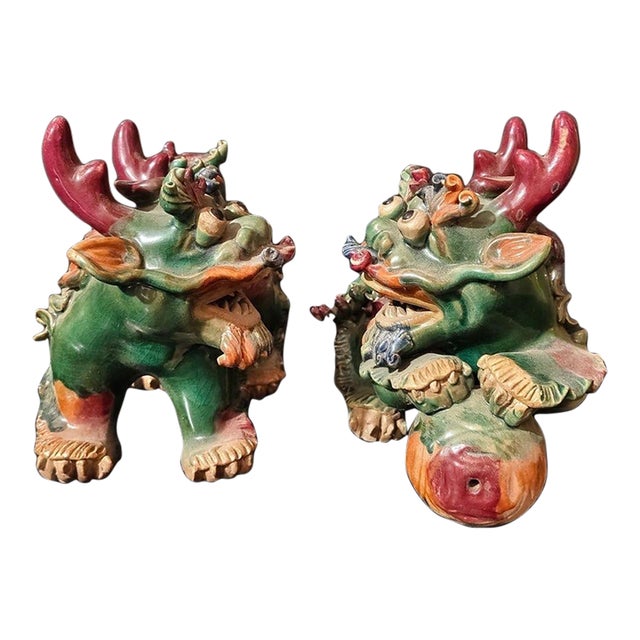 Vintage Shiwan Ware Foo Dog Statues | Pair of Ceramic Guardian Lions / Pixiu | 8" Tall For Sale