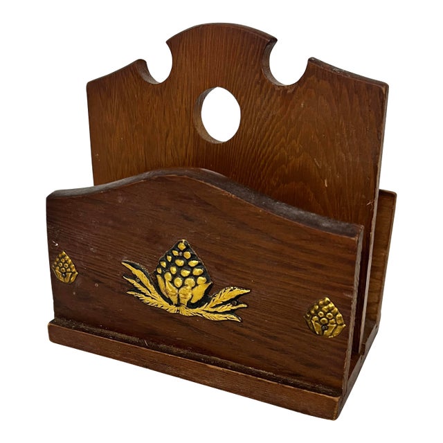 Mid Century Wooden Letter Napkin Holder With Brass Artichoke Accents For Sale