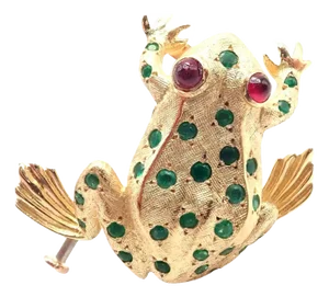 Vintage Tiffany & Co France Ruby Emerald Frog Yellow Gold Pin Brooch