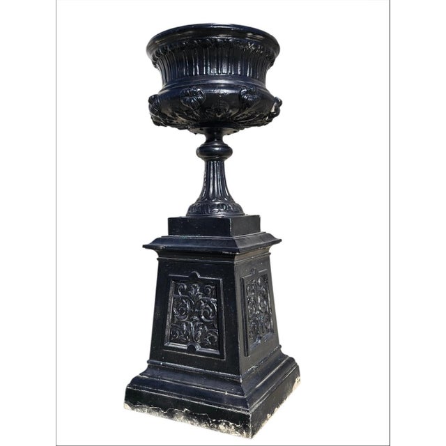 Black Victorian Aluminum Flower Garden Urn on Base For Sale - Image 8 of 18