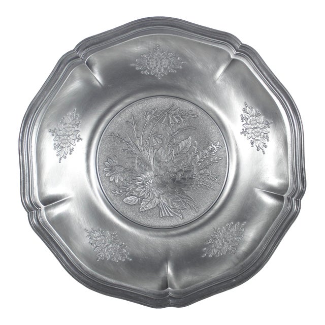 European Vintage Pewter Plate or Dish With Flowers Floral Drinks Tray Tre Effe Zinn Germany For Sale