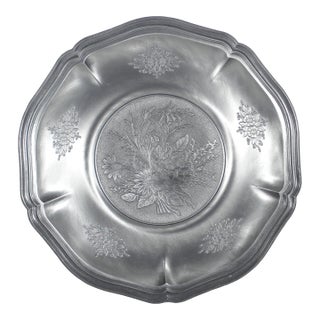 European Vintage Pewter Plate or Dish With Flowers Floral Drinks Tray Tre Effe Zinn Germany Silver For Sale