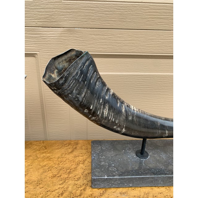 Stone Pair of Vintage Faux Ram Horn Sculptures on Black Marble Bases For Sale - Image 7 of 16