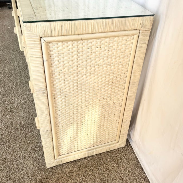 Boho Chic White Washed Wrapped Wicker Glass Top Dresser For Sale In Miami - Image 6 of 7