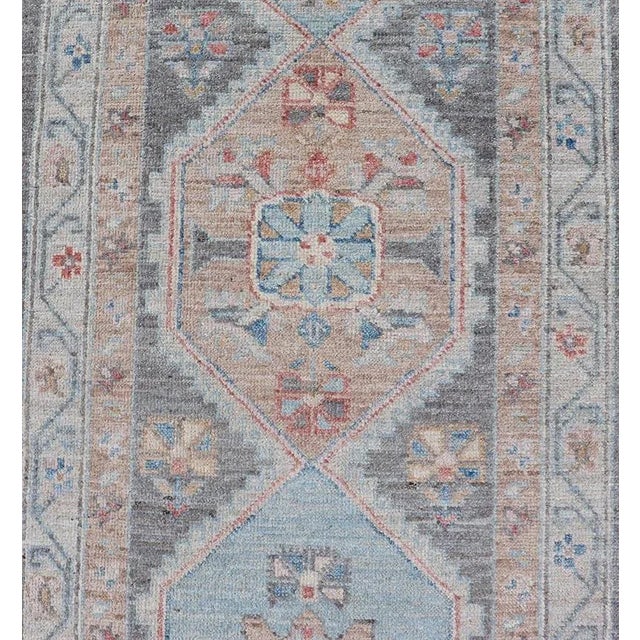 2020s Floral Medallion Oushak Runner With Tribal Motifs and on a Gray Background For Sale - Image 5 of 13