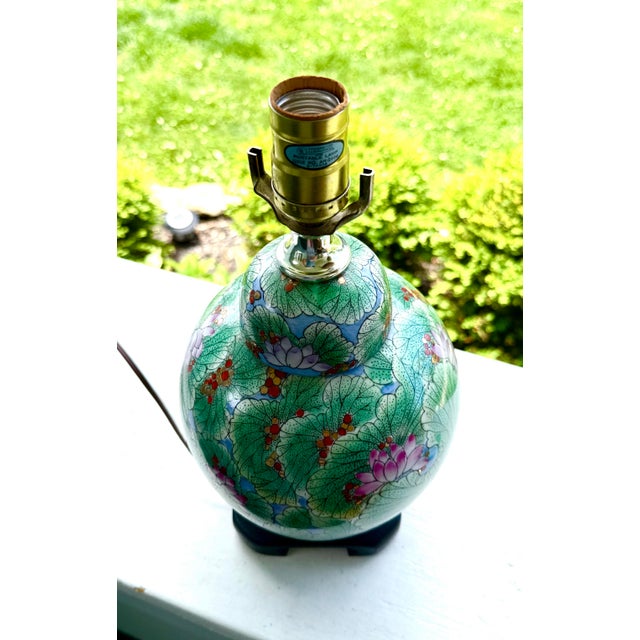 Mid 20th Century Green Asian Lotus Lamp With Jute Lamp Shade For Sale - Image 9 of 10