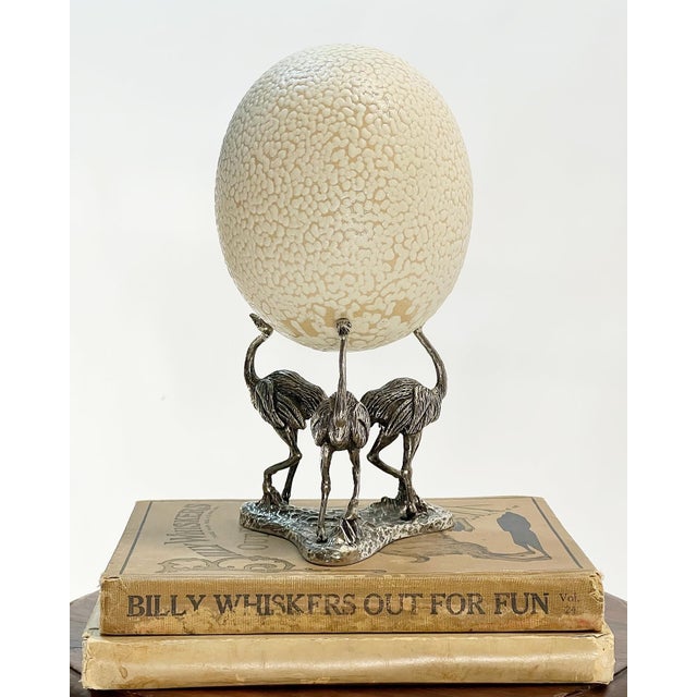 Off-white 1980s Vintage Ceramic Decorative Faux Ostrich Egg on Pewter Stand For Sale - Image 8 of 9