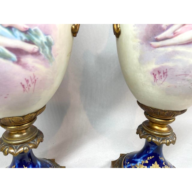 Mid 19th Century Pair of 19th-Century French Sevres Porcelain Vases With Gilded Bronze Mounts For Sale - Image 5 of 12