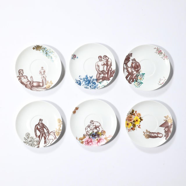 This porcelain coffee/tea set of six cups and saucers, inspired by the notable illustrative style of Tom of Finland, is a...