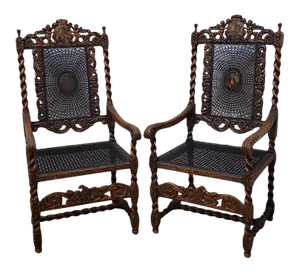 Antique French Renaissance Revival Carved Figural Throne Chairs - Pair