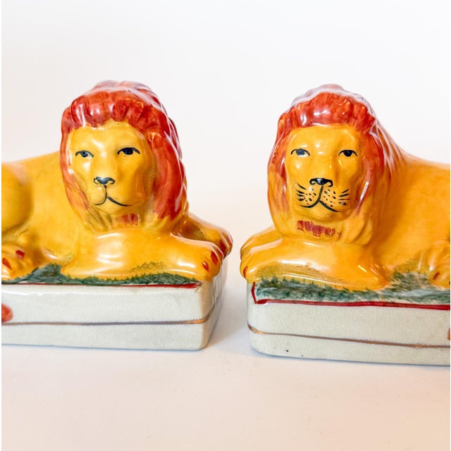 Antique Staffordshire Recumbent Lion Figurines on Rectangular Plinths - A Pair For Sale In Dallas - Image 6 of 8
