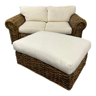Late 20th Century Ralph Lauren Rattan Wicker Sofa Loveseat With Matching Ottoman - Set of 2 For Sale