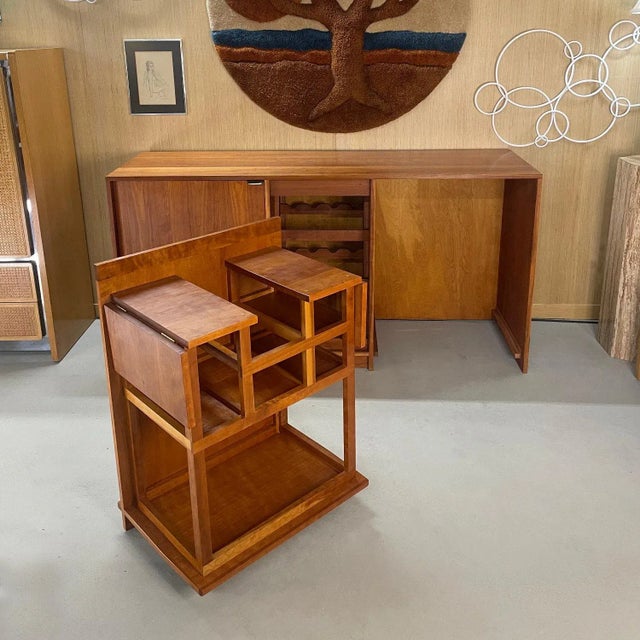Contemporary Custom Made Buffet Credenza With Lighted Wine Bar and Hidden Bar Cart For Sale - Image 3 of 17