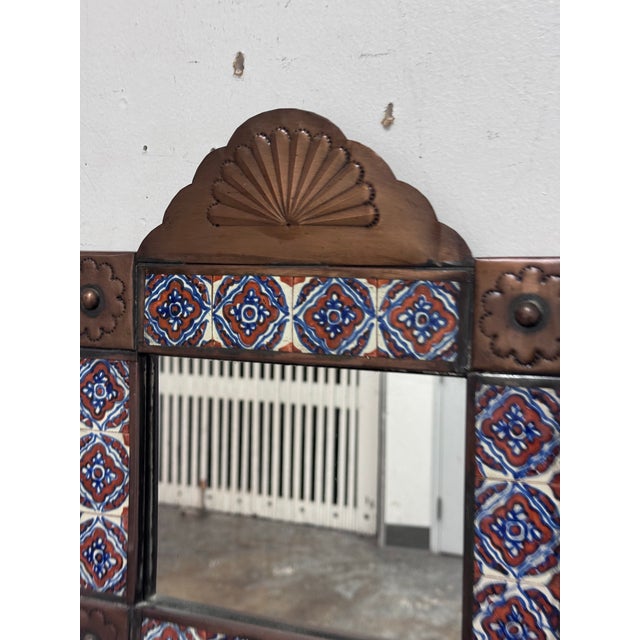 Mexican Folk Art Handcrafted Embossed Tin + Hand Painted Tile Mirror For Sale - Image 12 of 12