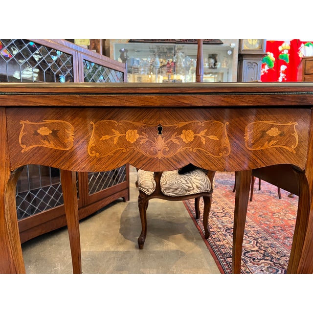 Brown 1900s Victorian Rosewood Game Table With Floral Inlay, Brass Details, Expandable, Original Condition For Sale - Image 8 of 10