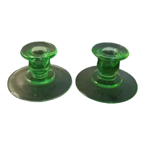 Pair of Vintage 1930s Uranium Glass Candle Holders