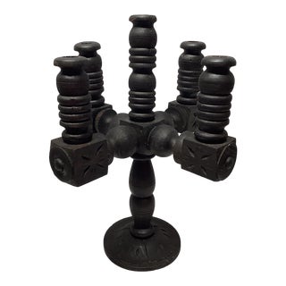 Vintage Mid 20th Century Spanish Style Mexican Folk Art Hand Carved Pine Five Arm Candelabra in Black Stain For Sale