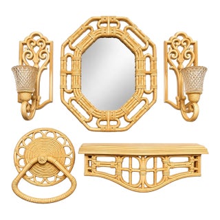 Vintage Homco Home Interiors Faux Bamboo Wall Decor Set, Mirror, Sconces, Shelf & Towel Ring For Sale