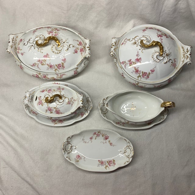 Shabby Chic Vintage French Limoges Serving Set Pink and Baby Blue Sprays of Flowers - Set of 7 For Sale - Image 3 of 12