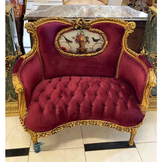 Bring timeless romance into your home with this breathtaking French Louis XV loveseat sofa, upholstered in sumptuous...