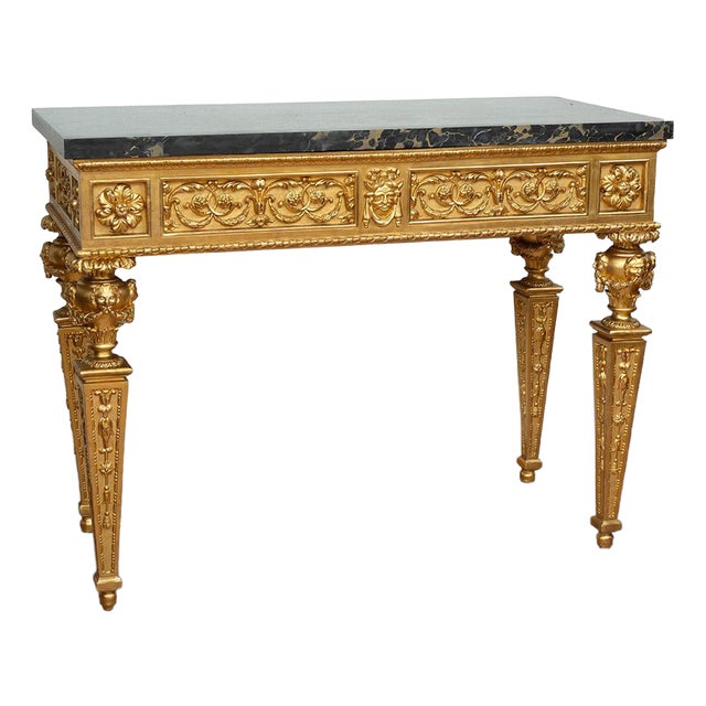 Antique Louis XVI Neapolitan Console Table in Gilded and Carved Wood with Black Portoro Marble Top, 19th Century For Sale