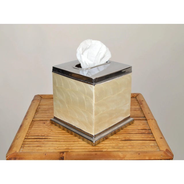 Bloomingdale's Vintage Capiz Shell Nickel Tissue Box Holder Boutique Box Tissue Paper Holder For Sale - Image 4 of 12