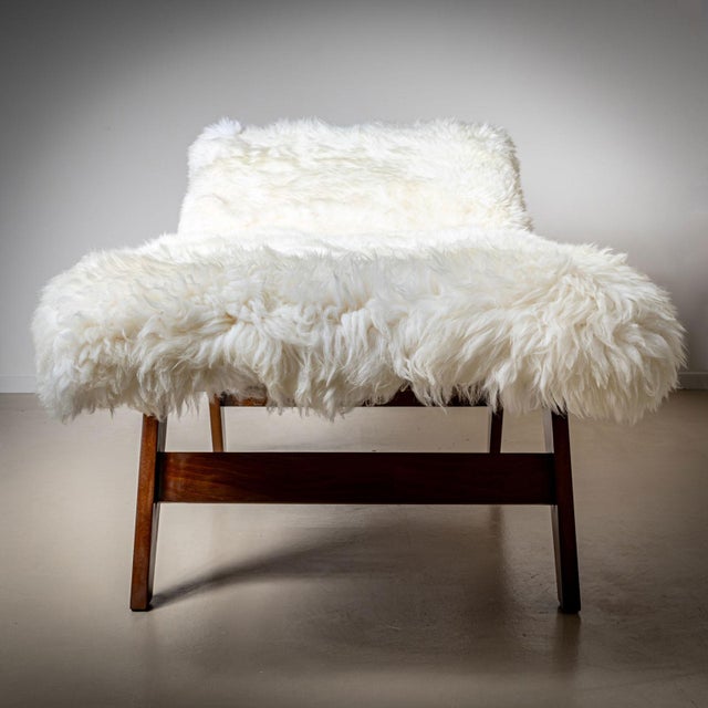 Large Mid-Century Wooden Daybed with Adjustable Headrest and Sheepskin Upholster For Sale In New York - Image 6 of 8