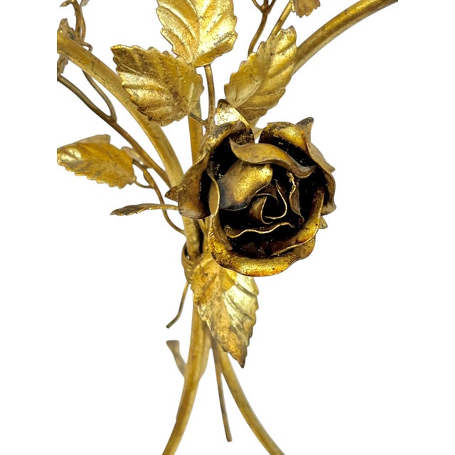 Vintage Italian Hollywood Regency Gold Tole Rose Cocktail Table With Beveled Glass Top For Sale - Image 4 of 16