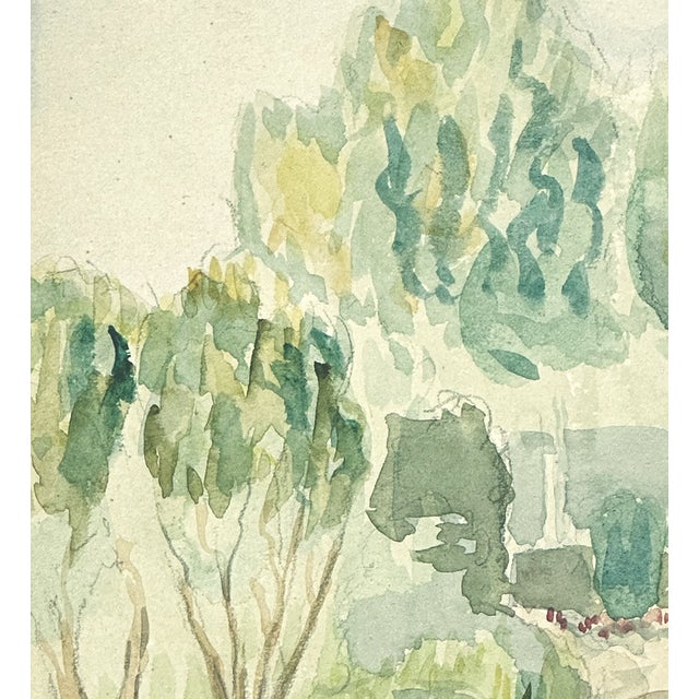 An example of early 1900s antique FrenchI Impressionist watercolor landscape painting, small and bucolic, typically...