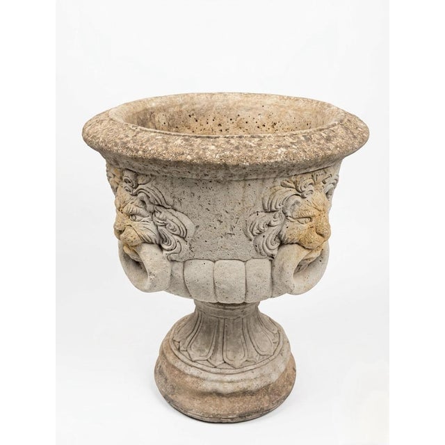 Neoclassical Magnificent Neoclassical Lion-Head Mascaron Urn in Weathered Cast Stone For Sale - Image 3 of 12