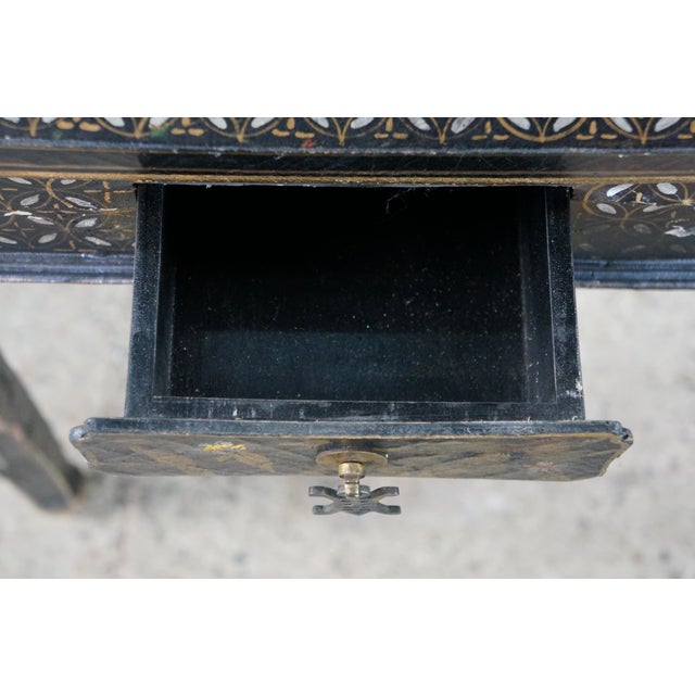 Vintage Chinoiserie Black Lacquered Floral Bird Writing Desk Library Table 35" For Sale - Image 13 of 18