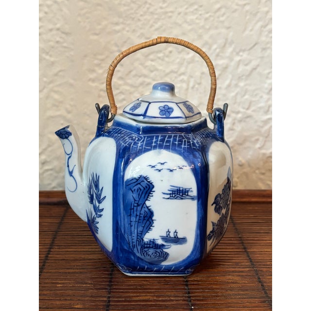 Blue 1980s Blue and White Japanese Landscape Porcelain Tea Pot For Sale - Image 8 of 8