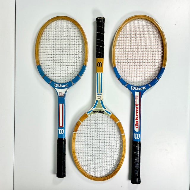 American Vintage Americana Boho Chic Chris Evert Wood Wilson Tennis Rackets Decorative Objects - Set of 3 For Sale - Image 3 of 14
