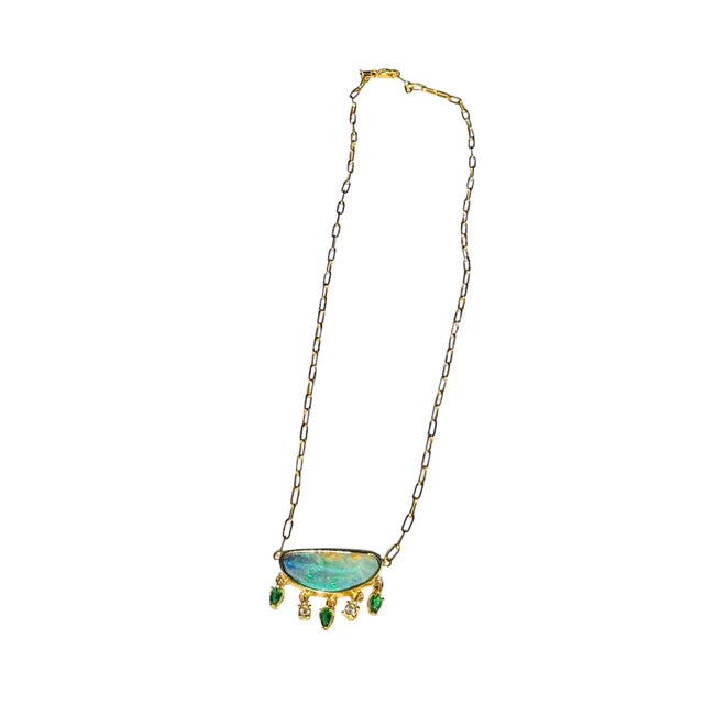 14k Gold Australian Opal Necklace With Emeralds & Diamonds For Sale - Image 10 of 12