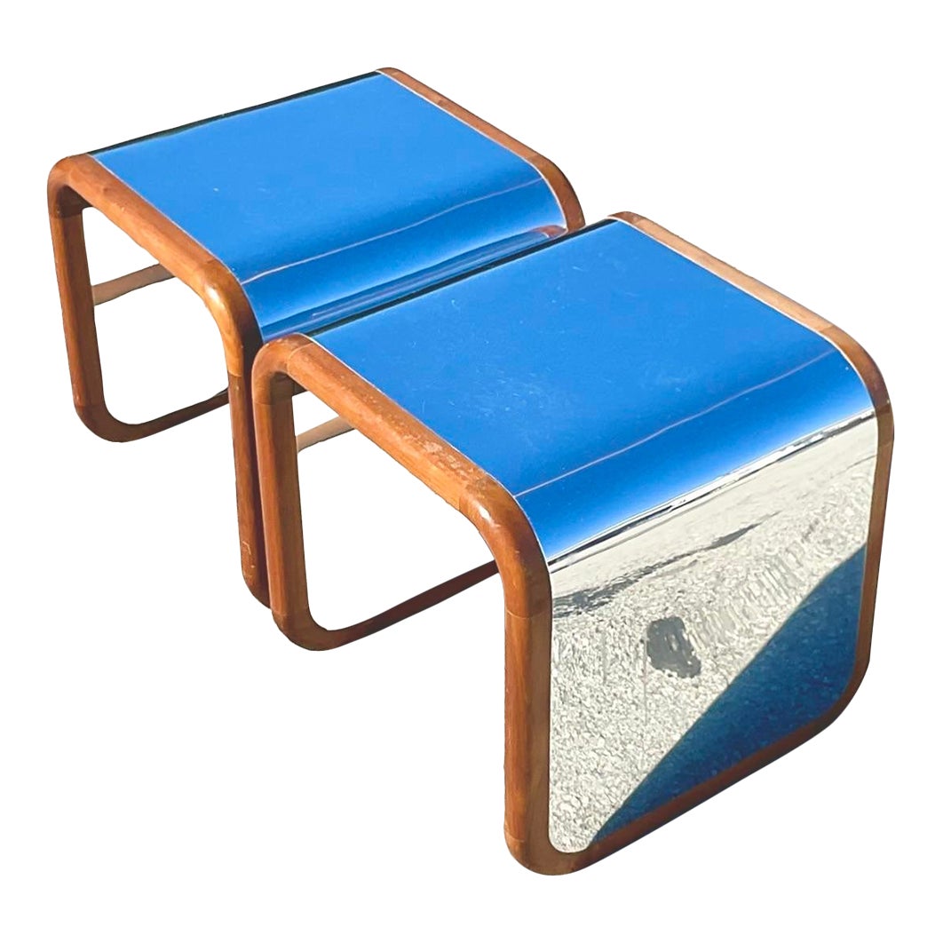 Vintage Contemporary Wood and Chrome Waterfall Side Tables a Pair