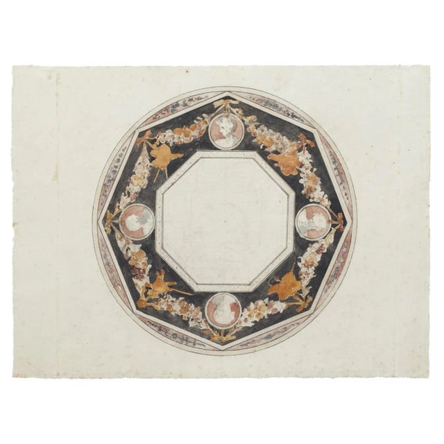 Unknown, Ceiling Decoration, Original Ink and Watercolor, 18th Century For Sale - Image 3 of 3