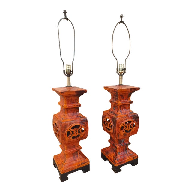 Pair of Vintage 1960s Modern Lava Glazed Orange Lamps For Sale