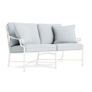 Brown Jordan Venetian Loveseat in Chalk with Artic Stripe Cushions For Sale