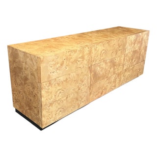 Vintage 1970s Hollywood Regency Burl Wood Eight-Drawer Dresser With Black Base For Sale