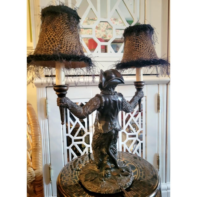 Frederick Cooper Vintage Double Arm Regency Monkey Whimsical Table Lamp W/Leopard Shades For Sale - Image 4 of 10