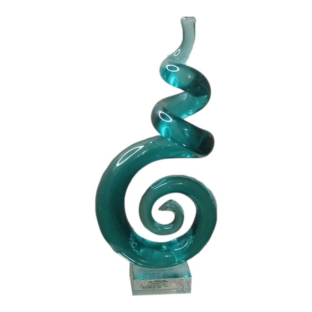 Exquisite Murano Italy Teal Art Glass Swirl Sculpture For Sale