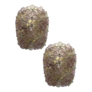 Set of Two Venetian Gold and Violet "Flowers" Murano Glass Wall Sconces For Sale