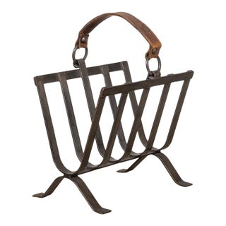 1940s French Iron and Leather Magazine Rack For Sale