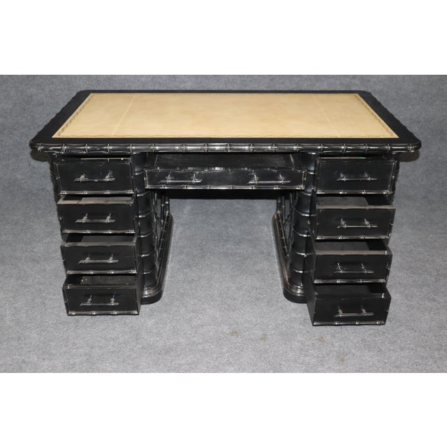 Campaign Three Piece Faux Bamboo English Leather Top Executive Desk For Sale - Image 3 of 11
