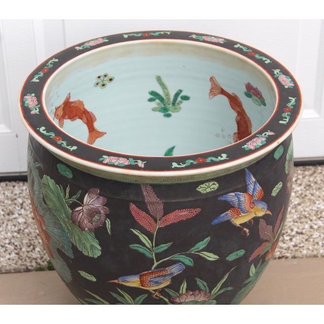 Large Antique Chinese Famille Noire Porcelain Fishbowl Jardinière With Wood Stand, C. 1920–1950 For Sale - Image 9 of 17