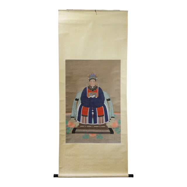 Vintage Chinese Imperial Consort Ancestor Portrait Scroll Painting on Silk in Blue Robe For Sale