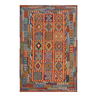 1990s Bohemian Kilim Rust Blue Wool Rug - 6'11" X 10'1" For Sale