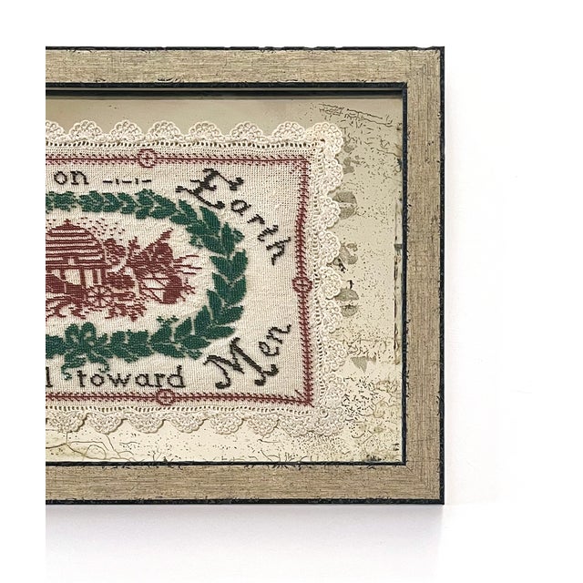 Late 19th Century Antique Beaded Holiday Peace on Earth Framed Crochet Linen For Sale - Image 5 of 11