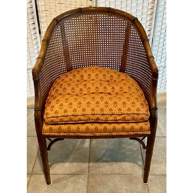 Mid 20th Century Faux Bamboo and Cane Barrel Chairs With Blockprint Upholstery - Set of 4 For Sale - Image 9 of 12